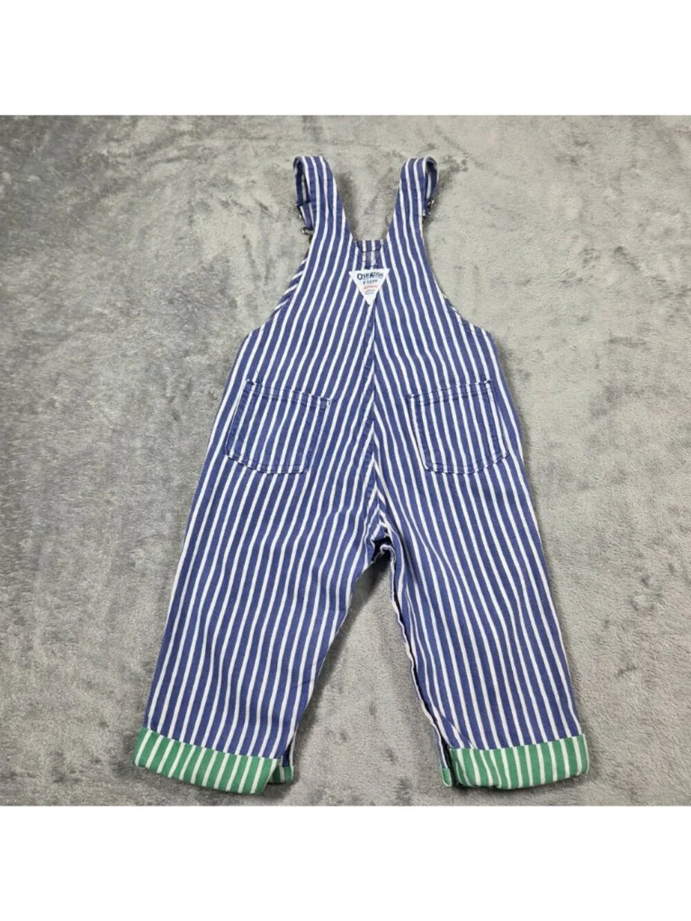 Vintage OshKosh BGosh Overalls 24 Mo Blue Striped Green Cuff Denim Vestbak USA